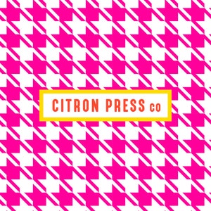 May include: A white and pink houndstooth pattern background with a yellow rectangle containing the text "CITRON PRESS CO" in orange.