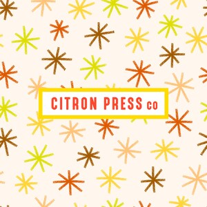 May include: A white background with a repeating pattern of yellow, orange, and brown starburst shapes. The text "CITRON PRESS CO" is in a yellow rectangle in the center of the image.
