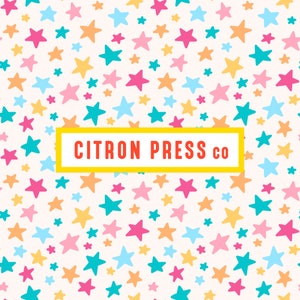 May include: A white background with a repeating pattern of colorful stars. The text "CITRON PRESS CO" is in a yellow rectangle.