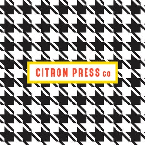 May include: A black and white houndstooth pattern background with a yellow rectangle containing the text "CITRON PRESS CO" in red.