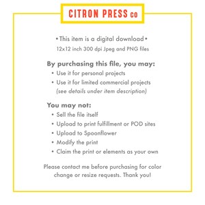 Op de afbeelding: Een digitaal downloadbaar grafisch ontwerpbestand voor persoonlijk en beperkt commercieel gebruik. Het bestand is 30,5 cm x 30,5 cm groot en heeft een resolutie van 300 dpi. De tekst luidt "CITRON PRESS CO" en bevat een lijst met wat wel en niet is toegestaan bij het kopen van het bestand.