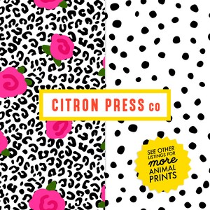 以下が含まれることがあります： 黒と白のレオパード柄と水玉模様のシームレスパターン。パターンは「CITRON PRESS co」というテキストの入った黄色のバナーで区切られています。右下隅には、「SEE OTHER LISTINGS FOR more ANIMAL PRINTS」というテキストの入った黄色のスターバーストがあります。