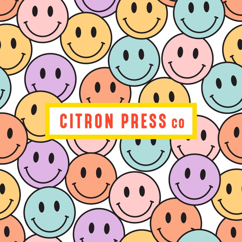 Op de afbeelding: Een witte achtergrond met een herhalend patroon van kleurrijke smiley-gezichten. De tekst "CITRON PRESS co" staat op een gele banner in het midden van de afbeelding.