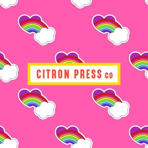 May include: A pink background with a repeating pattern of rainbow hearts with clouds. The text "CITRON PRESS co" is in a yellow banner.