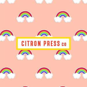 May include: A pink background with a repeating pattern of rainbow and cloud stickers. The text "CITRON PRESS co" is in a yellow banner.
