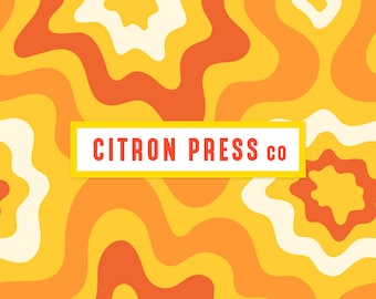 Op de afbeelding: Abstracte achtergrond met een golvend patroon in geel, oranje en wit. De tekst "CITRON PRESS co" staat in een gele doos.