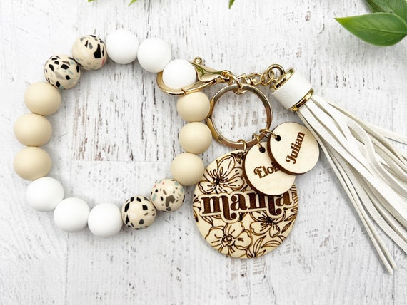 Mama Keychain Wristlet, Mama Keychain, Mama Bracelet, Soft Beads, Name Keychain, Initial Keychain, Kids Name Bracelet for Mom, Mama Jewelry
