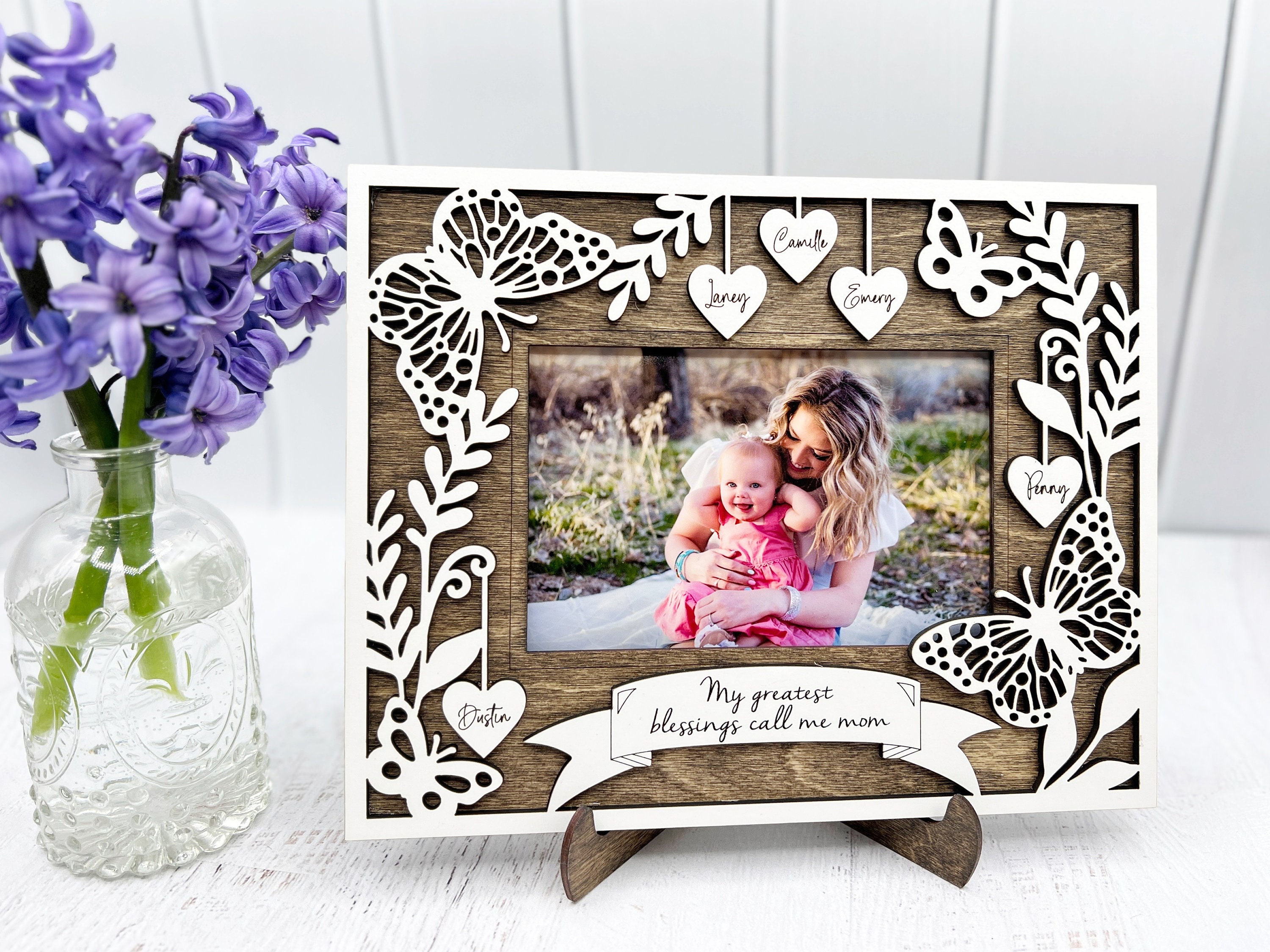 Personalized Mom Picture Frame, Mommy and Me Frame, First Mother's Day Gift, Gift for Grandma, Butterfly Picture Frame, Family Tree, Hearts