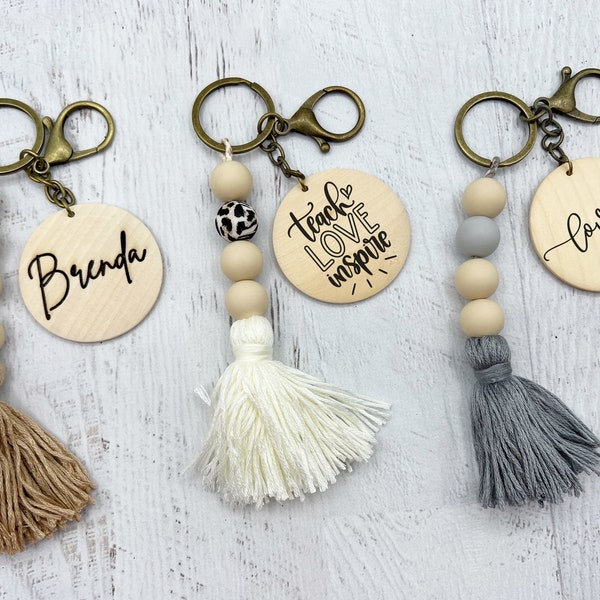 Boho Keychain, Tassle Keychain, Initial Keychain, Custom Name Keychain, Silicone Bead Keychain, Purse Tag, Backpack Tag, Diaper Bag Tag