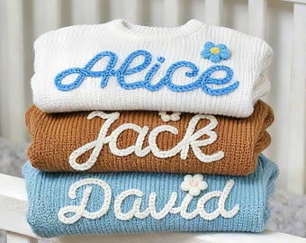 Personalized Baby Sweater: Hand Embroidered Name, Knit Newborn Gift