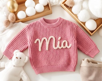 Personalized Baby Sweater, Hand Embroidered Knit Jumper, Baby Shower Gift