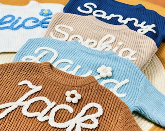 Personalized Hand Embroidered Baby Sweater: Custom Knit Name Jumper
