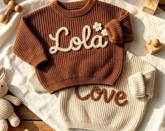 Personalized Hand-Embroidered Baby Knit Sweater – Custom Name Jumper