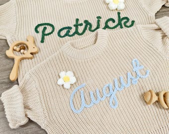 Personalized Hand-Embroidered Baby Knit Sweater: Custom Name Jumper