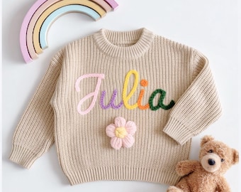 Personalized Baby Sweater: Hand Embroidered Name, Knit Newborn Gift，baby clothes