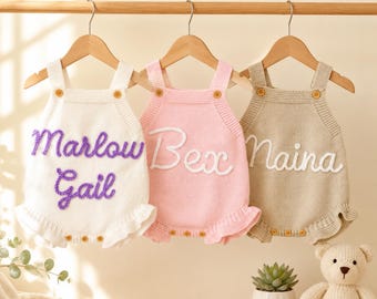 Custom Knit Baby Romper – Hand-Embroidered Name, Soft Cotton Summer Outfit