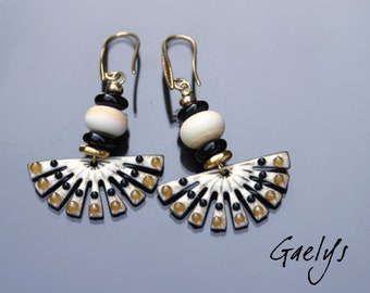 Elios - Emaux Gaelys - Pair of earrings in enameled copper and lampwork - ivory / black / bronze / gold - half sun