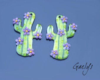 Email - Paire de plaque cuivre émaillé pour boucles d'oreille - vert / violet - fleuri - cactus - Mexican - Emaux Gaelys