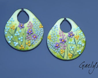 Emaux Gaelys - Paire de charm cuivre émaillé pour boucles d'oreille - vert / rose / jaune / pervenche / ciel  - printemps - bouquet - lupins