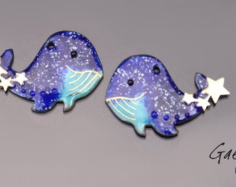 NEW - Emaux Gaelys - Pair of enameled copper charms for earrings - cobalt blue / turquoise / gold - whale - brass star
