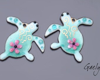 Emaux Gaelys - Pair of enameled copper charms for earrings - duck blue / turquoise / pink - baby turtle