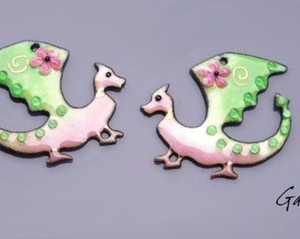 NEW - Emaux Gaelys - Paire de charms en cuivre émaillé pour boucles d'oreille - rose  / vert pomme / or - dragon