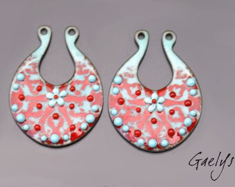 Emaux Gaelys - Pair of enameled copper charms for earrings - red / turquoise blue - lace and flower