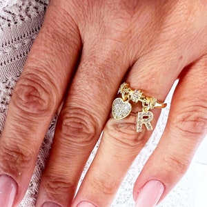 Sterling Silver Heart Initial Ring: Personalized Zircon Charm