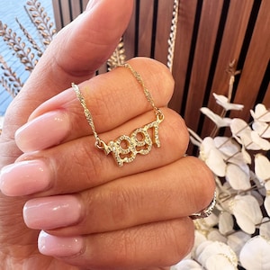 14K Gold Personalized Year Necklace: Cubic Zirconia Number Jewelry