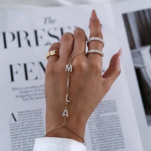 Personalized Sterling Silver Ring Bracelet: 14k Gold Hand Chain with CZ Letters