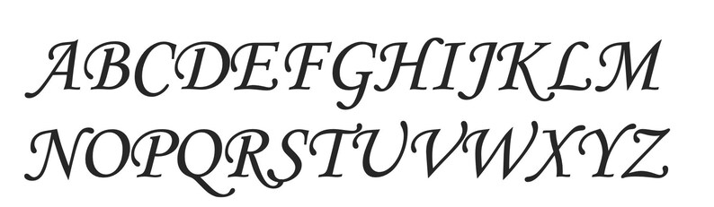 Op de afbeelding: Zwarte, elegante cursieve alfabetletters A t/m Z, weergegeven in twee rijen op een witte achtergrond. De letters zijn gestileerd met decoratieve krullen.