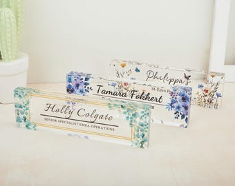 Desk Plaque, Acrylic Name Plate for Desk, Teacher Name Plate, Personalized flower name plaque acrylic plaque, Office Decor, Name plate