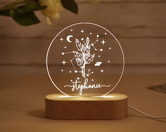 Luz nocturna personalizada con la flor del nacimiento, placa acrílica personalizada, regalo para mamá