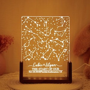 Carte des étoiles personnalisée par date, veilleuse de carte des étoiles, veilleuse personnalisée avec carte des étoiles, cadeau de fiançailles pour elle et lui, cadeaux de la Saint-Valentin.