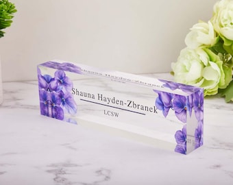 Personalized Acrylic Desk Name Plate, Floral Office Decor