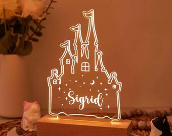 Lámpara de noche personalizada con forma de castillo de princesa, decoración personalizada para la habitación del bebé con nombre