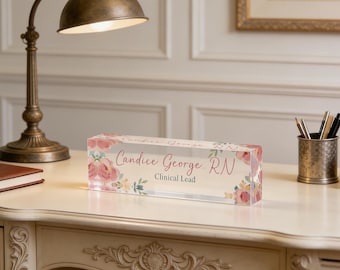Placa de escritorio acrílica personalizada, decoración floral para oficina, letrero con nombre, placa de identificación personalizada