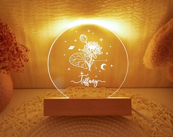 Luz nocturna personalizada con flor de nacimiento, luz LED acrílica personalizada