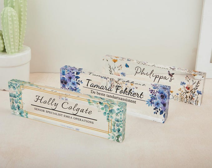 Desk Plaque,Acrylic Desk Name Plate, Floral Office Decor, Custom Teacher Gift,Name plate,New Job Gift