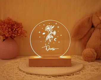 Luz nocturna personalizada con forma de flor del mes de nacimiento, decoración personalizada para la habitación del bebé