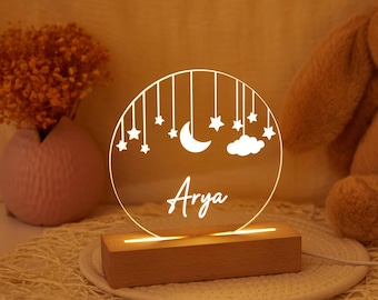 Lámpara de noche personalizada de luna y estrellas, decoración personalizada para la habitación del bebé