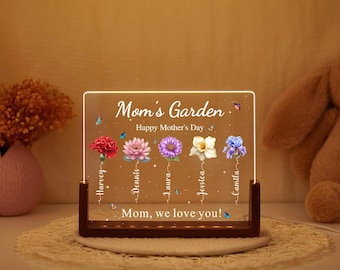 Luz nocturna LED personalizada con forma de flor del mes de nacimiento, regalo para mamá con temática de jardín