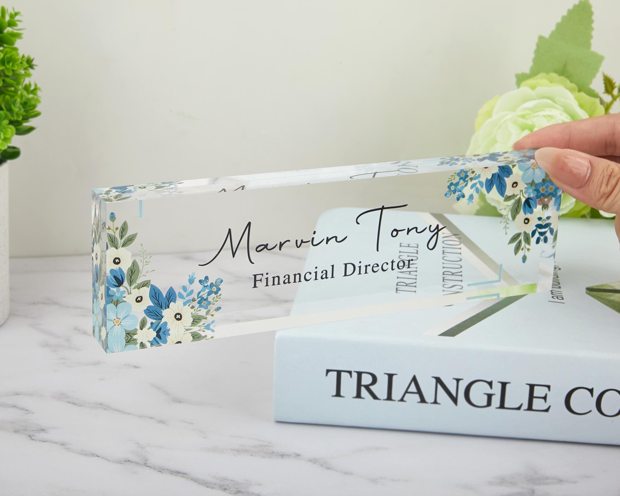 Personalized Floral Acrylic Desk Name Plate, Custom Office Decor