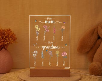 Luz nocturna LED personalizada con forma de flor del mes de nacimiento, regalo para mamá y abuela