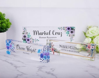 Personalized Acrylic Desk Name Plate | Floral Office Decor