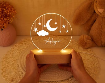 Lámpara de noche personalizada de luna y estrellas, decoración de madera para habitación infantil