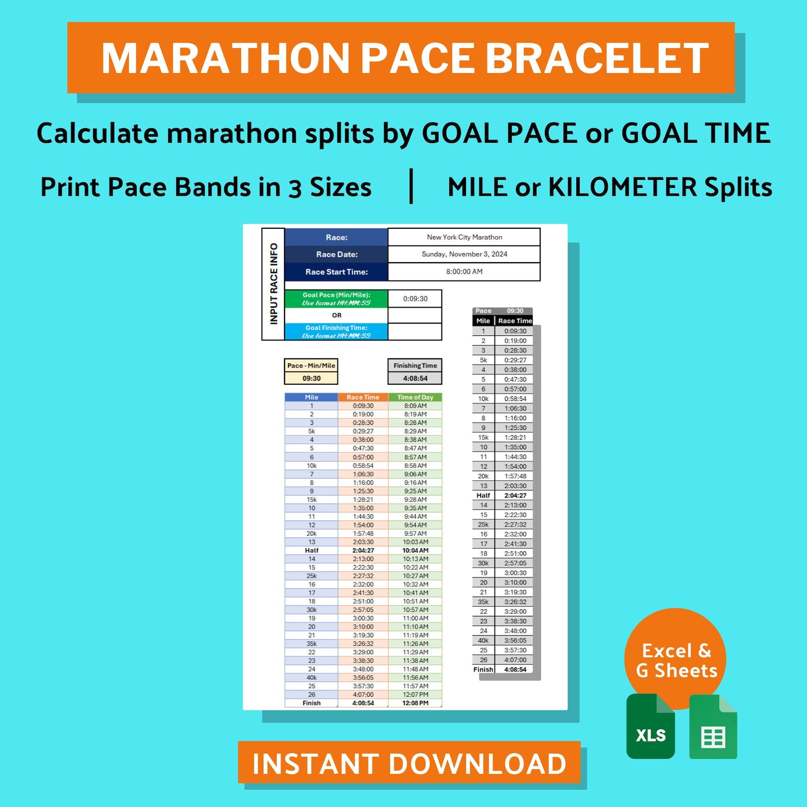 Printable Marathon Pace Bands With Custom Pace Finish Time Calculator ...