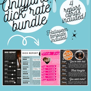 Puede incluir: Cuatro tarjetas imprimibles "Dick Report" con una escala de calificación para la longitud, la circunferencia, la forma, la cabeza, las bolas y la apariencia general. Las tarjetas tienen un esquema de color rosa, negro y blanco. El texto "You've been bad" y "Final thoughts" están incluidos en las tarjetas. El texto "No more boring rates!" está en la parte inferior de la imagen.