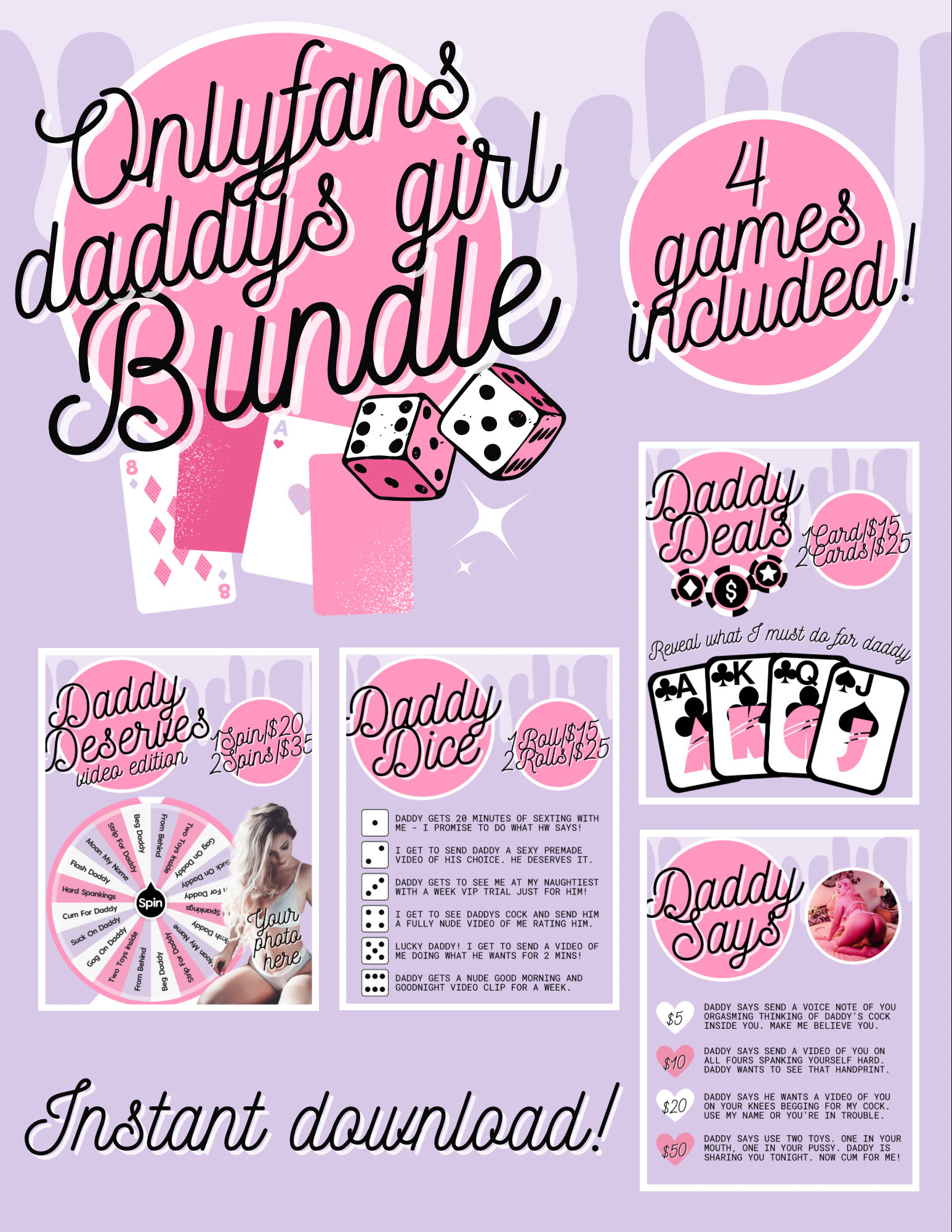 OnlyFans Daddy’s Girl Tip Game Bundle, Instant Download, Wheel Spin, Dice Game, Card Game, Customizable Canva Template, Snapchat