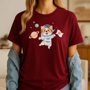 Camiseta de corgi de dibujos animados, camiseta de astronauta, camiseta de aventura espacial, camiseta caprichosa para amantes de los perros cósmicos, ropa para entusiastas del espacio de ciencia ficción, impresión artística exclusiva